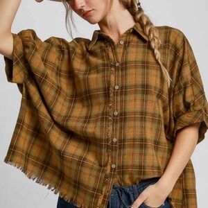 Umgee Oversized Olive Plaid Button-Down Shirt with raw hem.